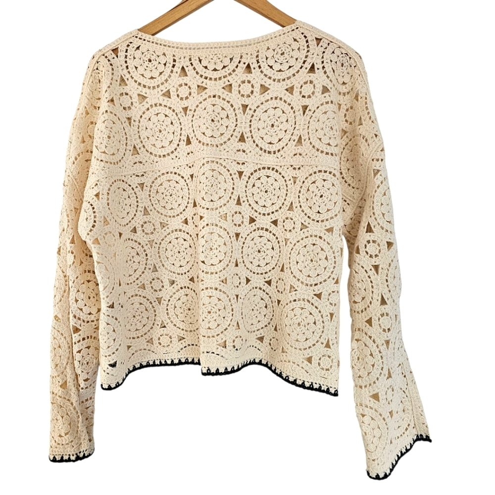 CAPRI Crochet Open Knit Long Sleeve Cream Color Sweater Size Large - Picture 3 of 7
